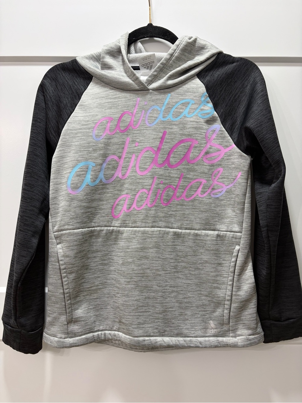 Adidas Comfy Oversized Girls Grey Hoodie with Pink & Blue Script. Size YL